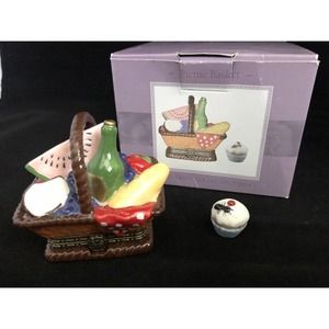 Picnic Basket w/ cupcake Porcelain Hinged Trinket Box Cooking Club of America